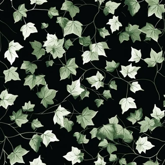 An ivy leaf pattern on a black background with intricate details and shading.