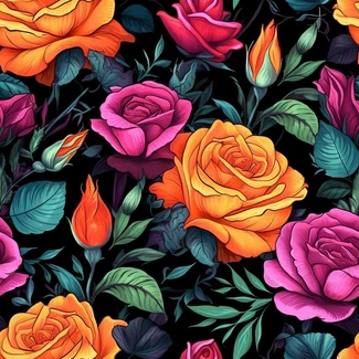 Digital illustration of a seamless floral pattern with colorful roses on a black background.