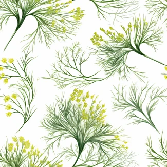 A seamless dill floral pattern with intricate yellow and green flowers on a white background.