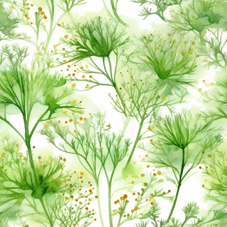 A seamless pattern of green dill plants and flowers in a watercolor style