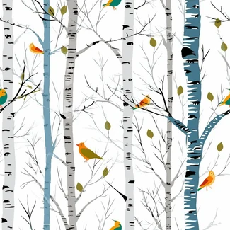 Birch Trees with Birds Pattern on white background