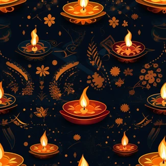 A vibrant and symbolic Diwali celebration pattern featuring orange and yellow tikki and lamp motifs on a dark background.