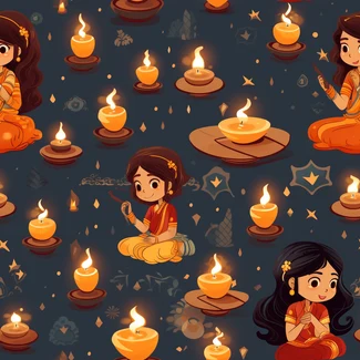 A seamless pattern featuring cute cartoonish illustrations of women in traditional sari costumes holding candles and diyas.