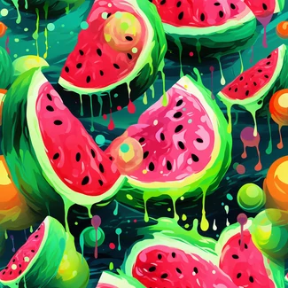 A colorful pattern featuring slices of watermelon and other fruits dripping with oil, set against a graffiti-inspired background.