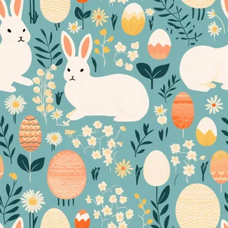 A seamless Easter pattern with cute bunnies, flowers, and Easter eggs in dark cyan and light amber colors.
