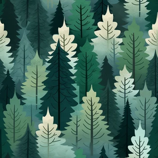 Seamless forest scene with pine trees and branches in green and gray.