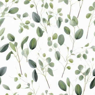A seamless pattern featuring delicate eucalyptus leaves and flowers in light green and light brown on a matte background.