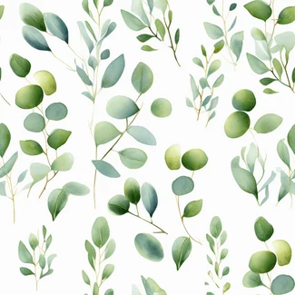 A repeating watercolor pattern of green and gold eucalyptus leaves on a white background.