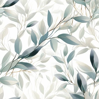 A beautiful white pattern featuring eucalyptus leaves, flowers, and branches.