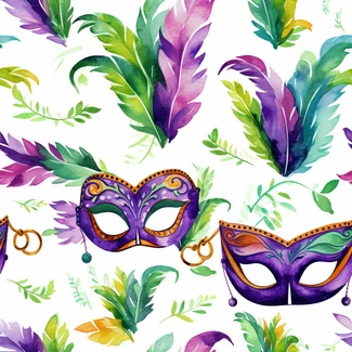 Colorful carnival masks and feathers on a blue background