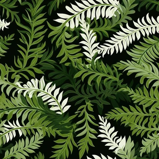 A seamless pattern of fern leaves in shades of white and green on a black background.