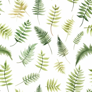 Watercolor illustration of fern leaves on a white background, in a seamless pattern.