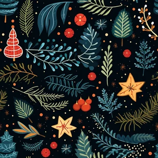 Festive Foliage Christmas pattern featuring hand-drawn leaves and branches, colorful stars and bulbs on a dark sky-blue background