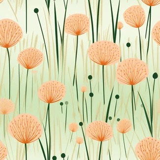 A floral pattern with delicate flowers and spiky mounds in shades of orange, pink, and light green on a green background.