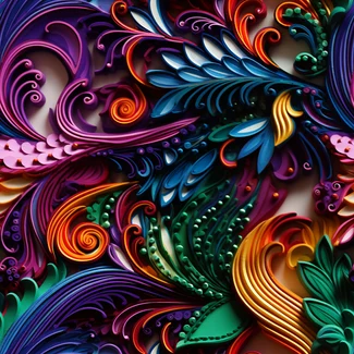 Colorful abstract floral pattern featuring a mix of realistic and fantastical elements, with intricate details and playful use of colors.