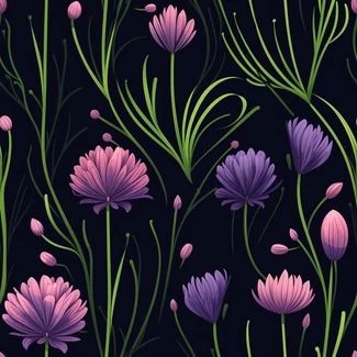 A charming floral pattern featuring purple and green flowers set against a black background, with light pink and green accents.