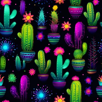 A seamless pattern featuring cute cartoonish cactus and flower motifs on a black background with glowing neon accents.