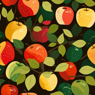 A seamless pattern featuring a variety of cute apples on a tree with green leaves.