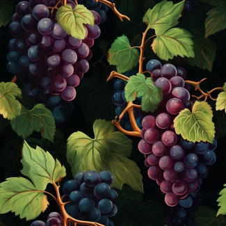 A seamless grape pattern with black grapes and leaves on a dark backdrop.