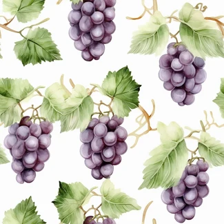 A beautiful watercolor grapevine pattern with monochrome vines and leaves on a white background.