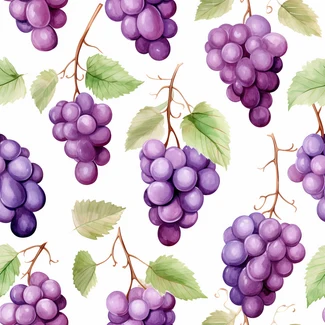A watercolor pattern of grapes and leaves in shades of purple and green.