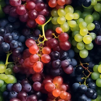 A grapevine pattern featuring various colorful grapes against a dark background, rendered in a style that combines a detailed texture with focus stacking, creating an organic texture that is both bold and colorful.
