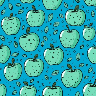 A pattern of green apples with leaves on a blue background, with a playful and colorful comic strip-like style.