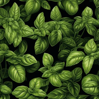 Green basil leaves seamless pattern on black background