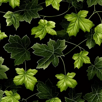 Green ivy leaves on a black background with a realistic hyper-detail effect.