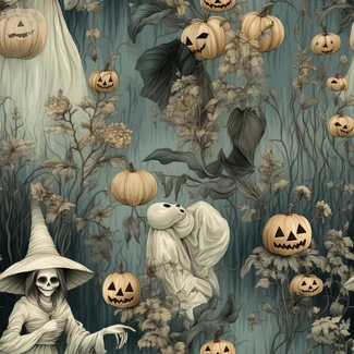 A Halloween Night pattern featuring skeletons, pumpkins, and ghosts in dark beige and aquamarine colors with twisted branches and witches on a blue background.