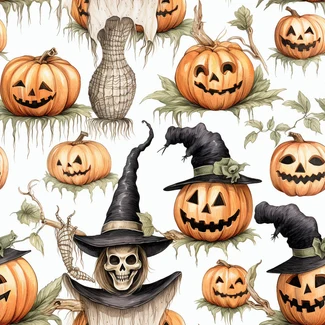 A Halloween-themed pattern featuring pumpkins, witches, skeletons, ghosts, hats, and skulls in a watercolor style.