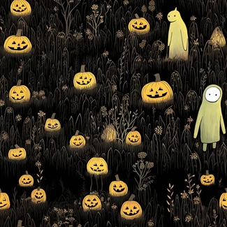 A Halloween design featuring a spooky graveyard with jackolanterns and pumpkins scattered around.