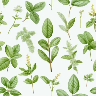 Herbalicious Seamless Pattern featuring herbs, green leaves, and flowers in shades of light green and light cyan