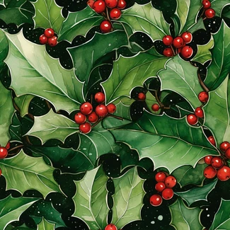 Holly leaves and berries on a black background with a watercolor effect