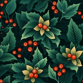 A seamless holly leaf pattern with holly berries on a dark blue background.