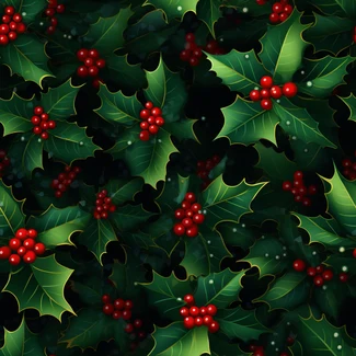 Illustration of red and green holly leaves with red berries on a black background
