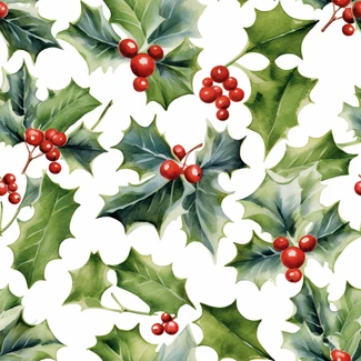 Watercolor holly leaves and red berries pattern on a white background