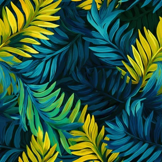 Tropical Ferns seamless pattern featuring blue and yellow tropical leaves in a playful and colorful woodcarving effect.