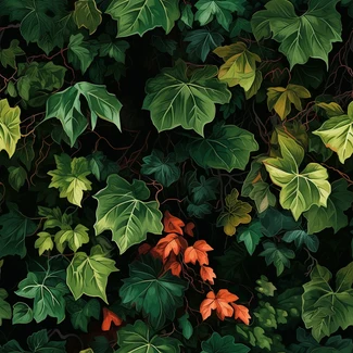 A seamless pattern of ivy leaves in dark emerald and light brown colors with a realistic landscape style.