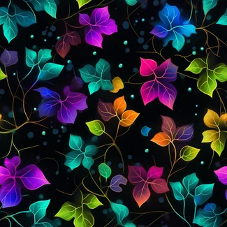 Colorful ivy and flower pattern on a black background