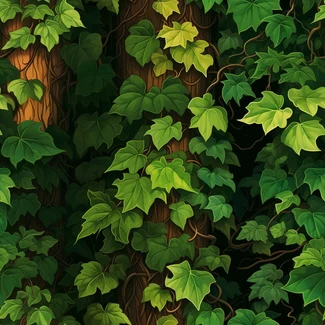 A seamless pattern of a forest with ivy, in vibrant colors and realistic detail.