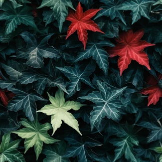A beautiful pattern of ivy leaves in autumn colors against a dark gray and emerald minimalist background with an Escher-inspired design.