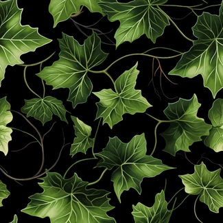 A seamless pattern featuring green ivy leaves on a black background.