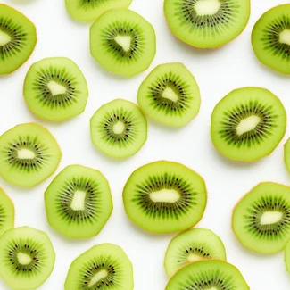 A playful pattern of kiwi slices arranged in a nature-inspired camouflage style on a white background.