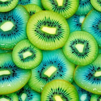 A repeating pattern of sliced kiwi fruit on blue water with emerald and azure colors.