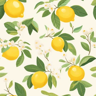 A seamless pattern of fresh yellow lemons and lemon flower leaves arranged in a classical motif style.