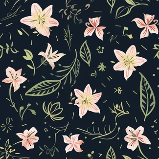 Lily flower pattern with delicate pink and blue colors on a black background