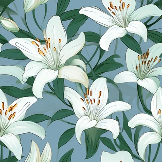 A seamless pattern featuring white lilies on a background of blue sea with light green and dark gray motifs.