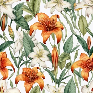 A seamless pattern featuring a white background with vibrant orange and white lilies, with green and beige accents.
