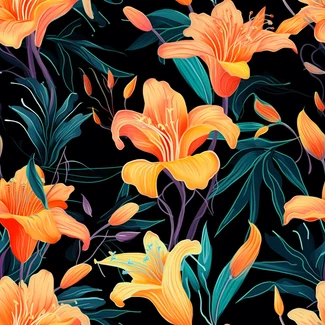 Orange lilies seamless pattern with leafs and lily flower on a black background.